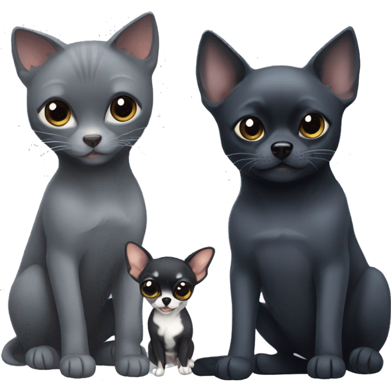 a big russian blue cat and two small black chihuahuas emoji