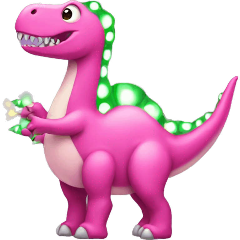 A pink dinosaur with Christmas lights emoji