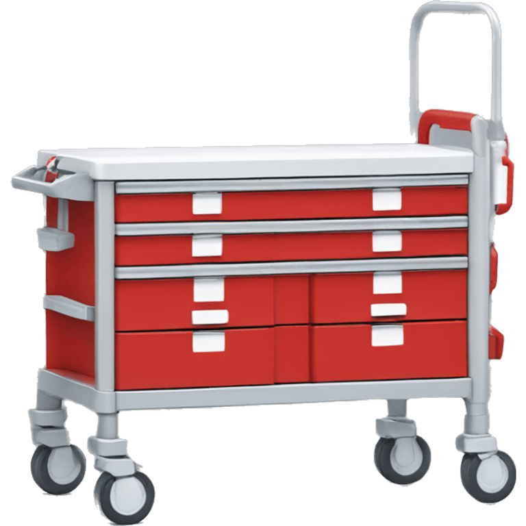 Singular Red medical crash cart is a mobile, multi-drawer unit designed to store and organize emergency medical supplies and equipment emoji