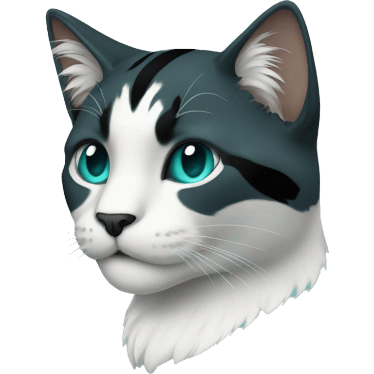 cat with black fur teal stripes and and a teal star on it's neck. it also has a teal nose and blue eyes emoji