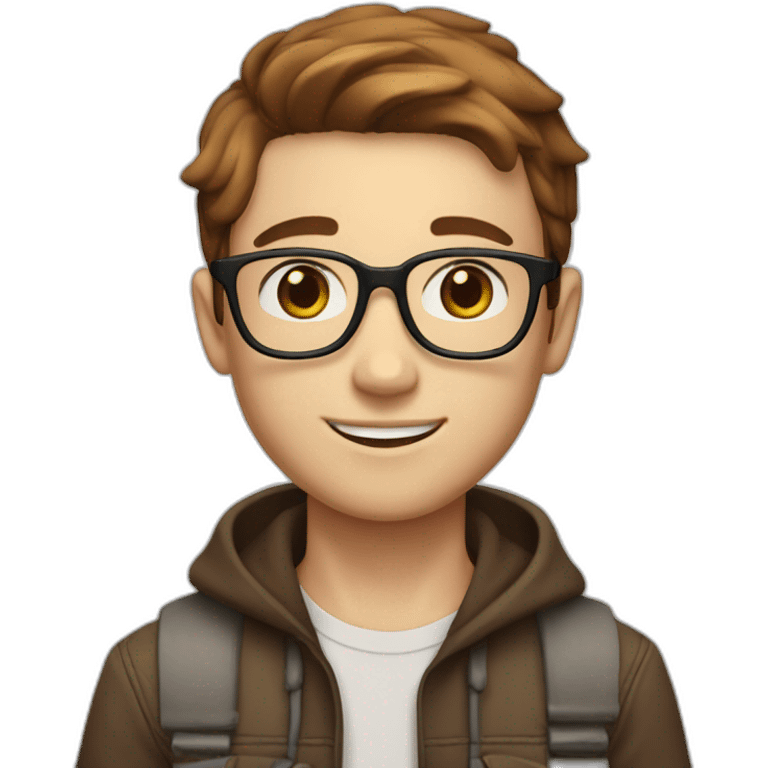 Boy with freckles on his face, cap, white skin tone, brown hair tone, short, straight hair, with cool glasses and urban look, brown eyes, nice smile emoji