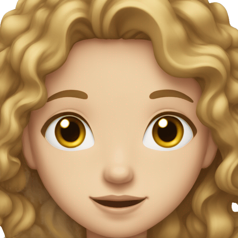 A girl with wavy hair, white skin, light brown eyes, happy emoji