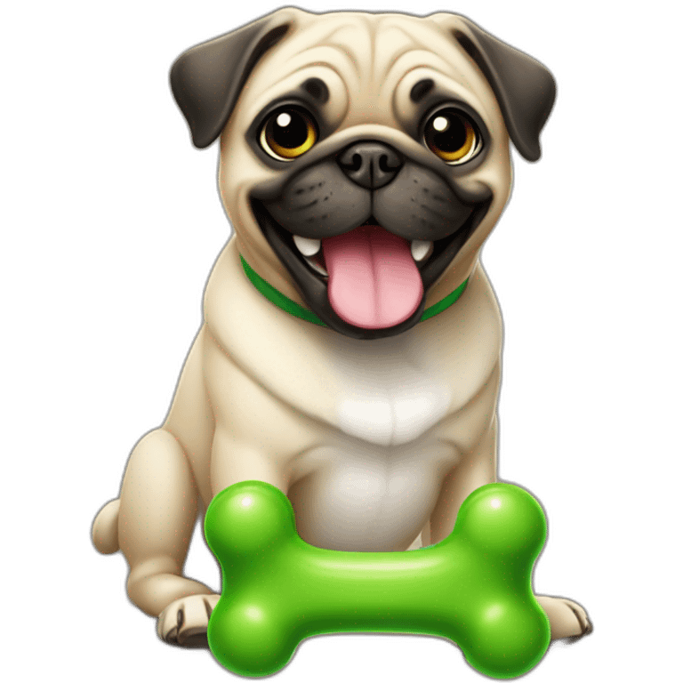 a happy pug whit a green toy bone emoji