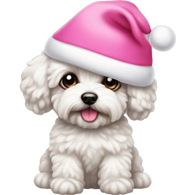 A maltipoo in a pink Santa hat emoji