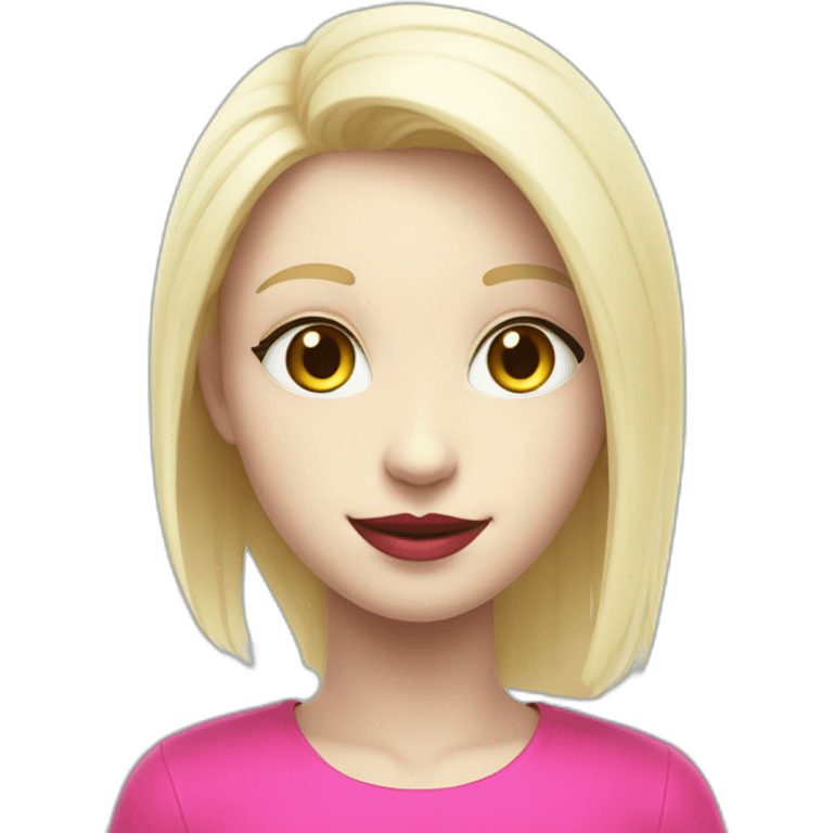 Joyful white humanoid with fluorescent and playful pink shirt, light blue eyes passionate about programming and art, blond hair red lip round and black bezel emoji