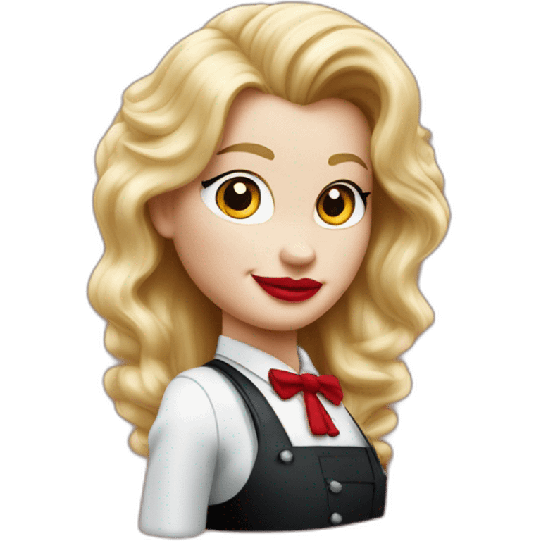 una cabeza de una chica rubia con el pelo largo apoyada sobre sus brazos con blusa de manga larga de color rojo al estilo de mr. monopoly emoji