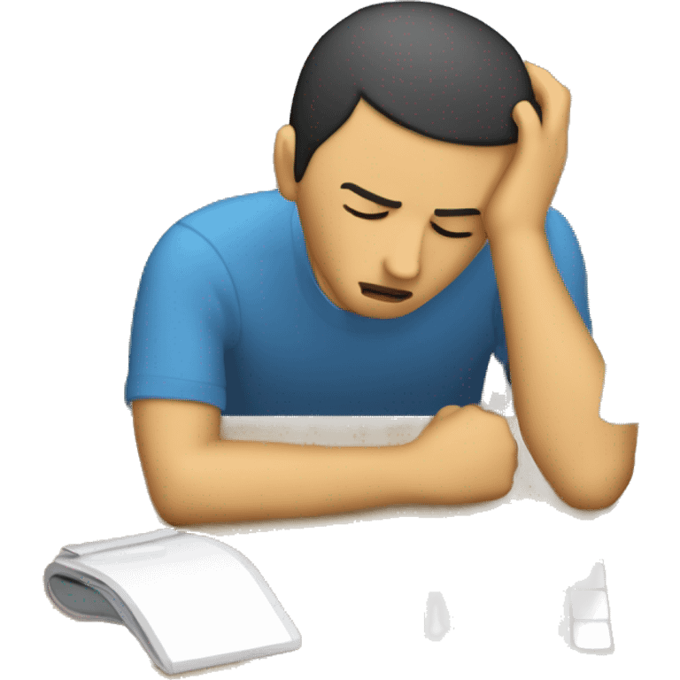 Create a simple, emoji-style image of a person with their head resting on a desk, indicating frustration or exhaustion. The person should have short hair, be wearing casual clothing, and the desk should be a plain wooden surface. In front of computer emoji