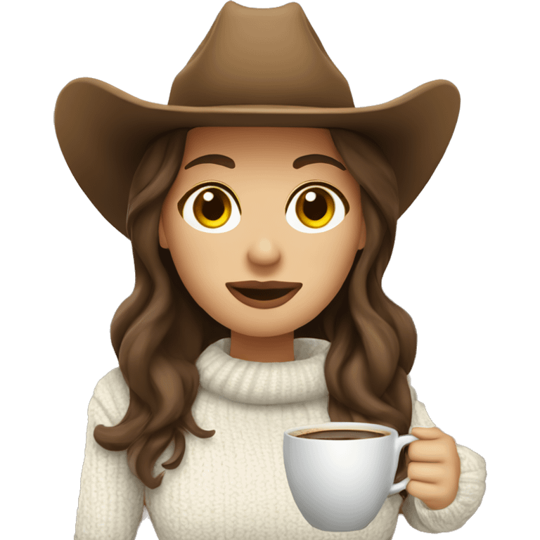 Cozy cowgirl wearing a white sweater and brown cowboy hat sipping coffee. Brunette hair emoji