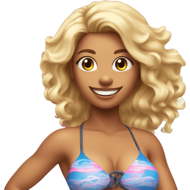 girl in pink bikini with super big blonde hair with surfboard in the background smiling emoji