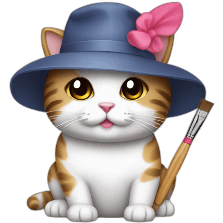 Kawaii cat artist in hat with a brush so it can be used as a mouse cursor emoji