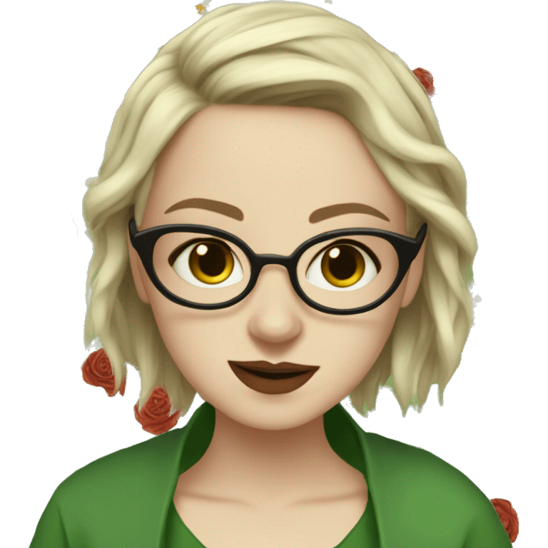 White girl in a green kurta with flower design, glasses, alot of piercing, gay, red lips, nose ring, full body, teen, short straight edgar hair,  emoji