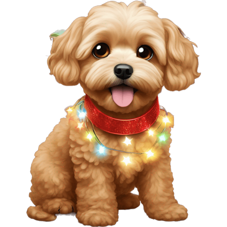 Red maltipoo with Christmas lights decorated around its neck emoji