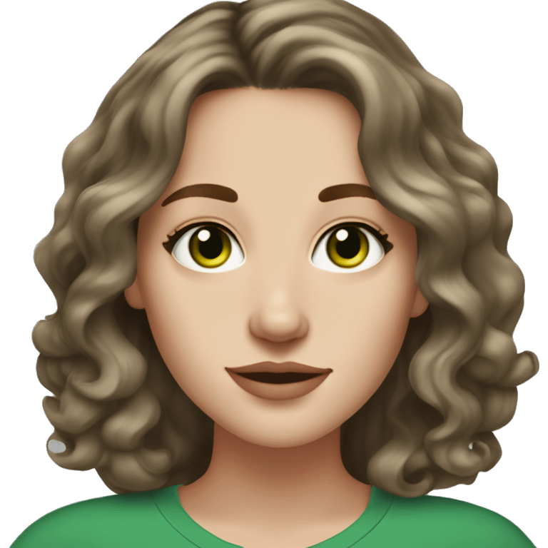 Brunette white girl with green eyes and medium length loose waves in hair and freckles on nose emoji