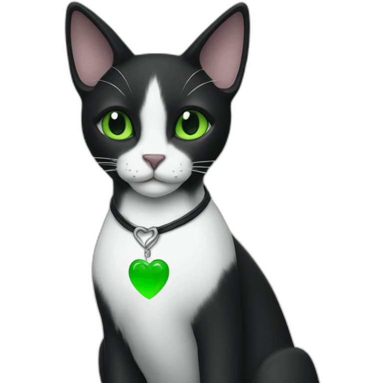 Black cat sitting with Green eyes and a White heart stein on the chest  emoji