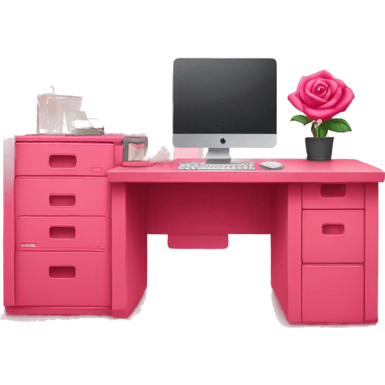 Rose red pink desk with shelves + rose red computer on top of desk.  emoji