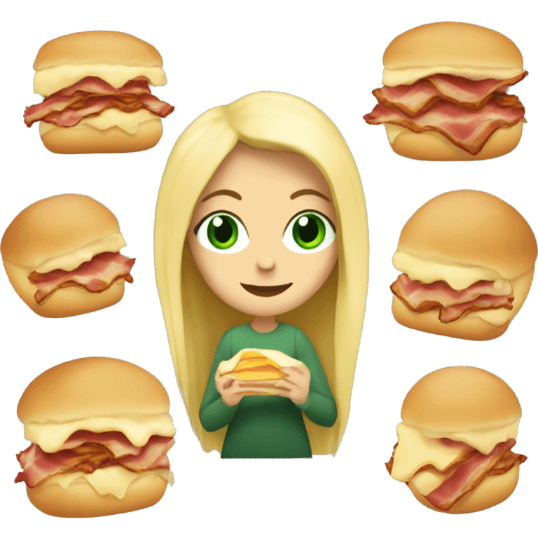 Long Blonde haired green eyed woman eating a bacon egg and cheese croissant emoji