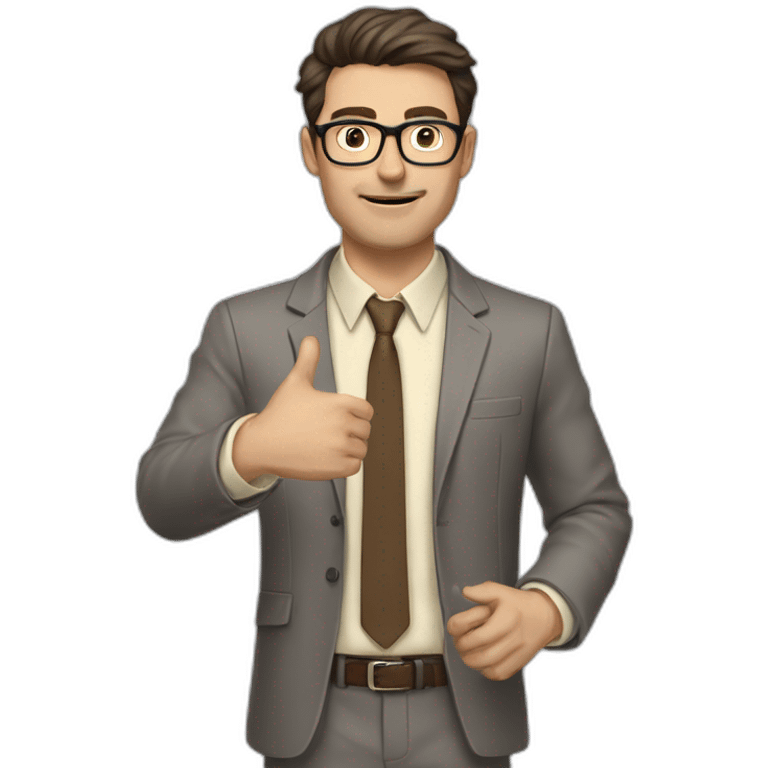 To belt Actively gesturing with hands Pale skinned fit man with dark brown hair in gray jacket, beige office shirt, brown tie, brown pants and vintage glasses. emoji