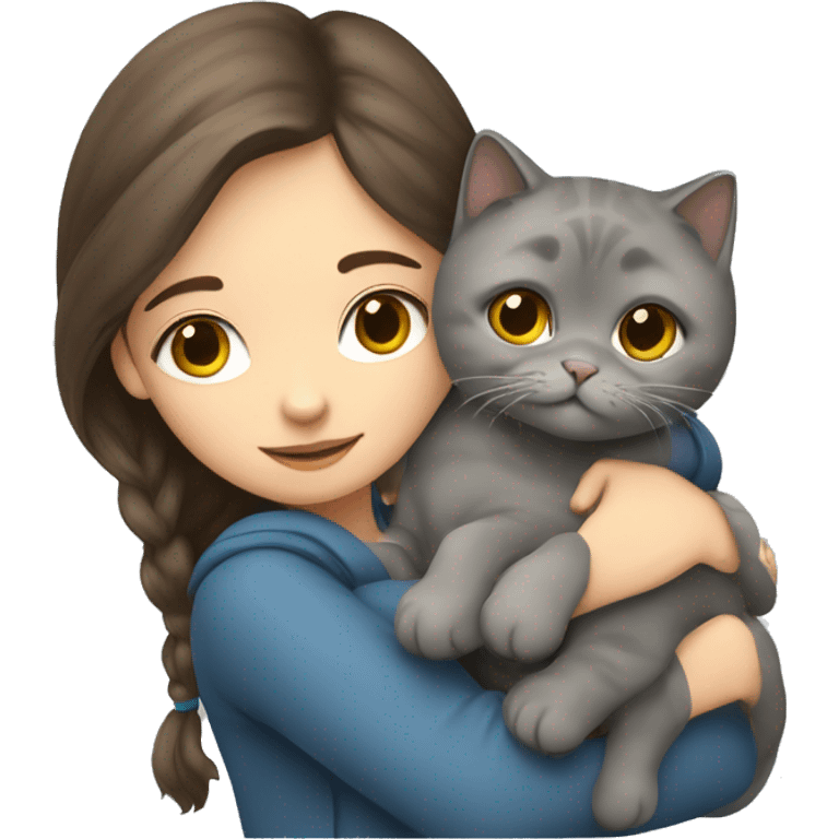 A brunette girl hugs a grey Scottish fold cat emoji