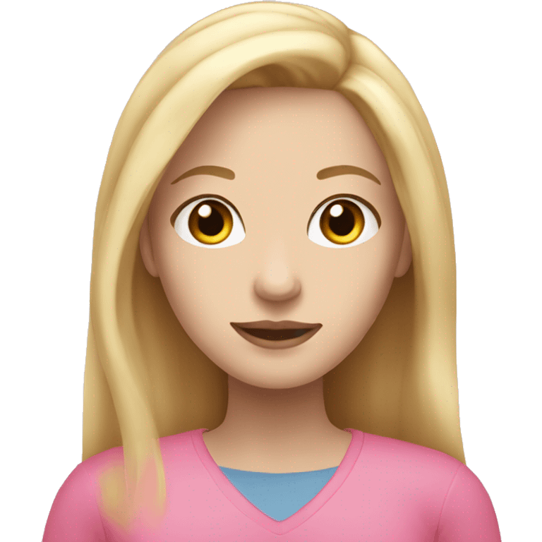 woman with blonde long hair, pale skin, brown eyes and wearing pink  emoji