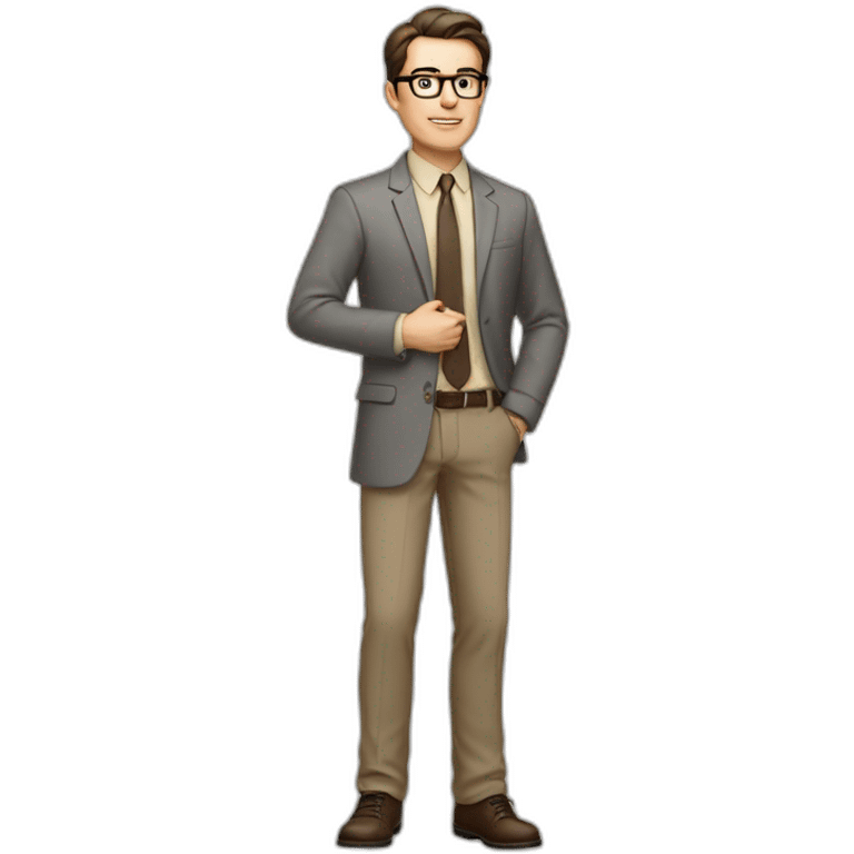 Full height Actively Gesturing Pale skinned fit man with dark brown hair in gray jacket, beige office shirt, brown tie, brown pants and vintage glasses. emoji