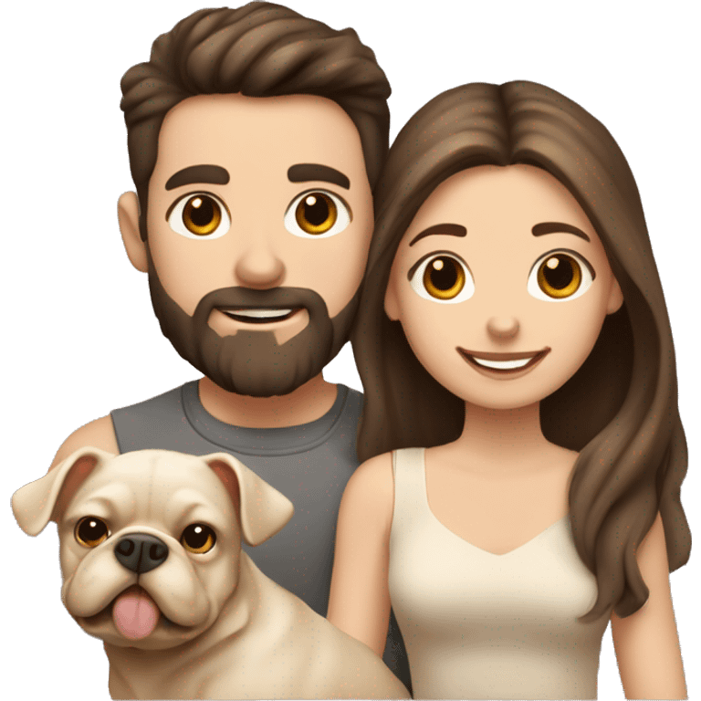 Brunette happy couple boy with beard and girl  with long hair with one cute beige French bull dog  emoji