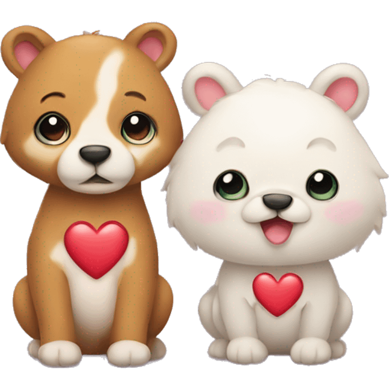 Two different cute animal couple love with heart emoji