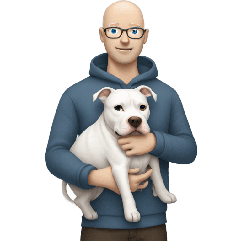 white bald man with blue eyes hugging dark grey no white pit bull emoji