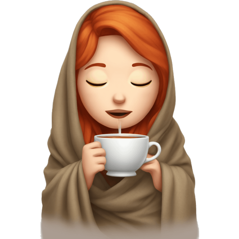 red hair girl wrapped in blanket drinking tea with eyes closed emoji