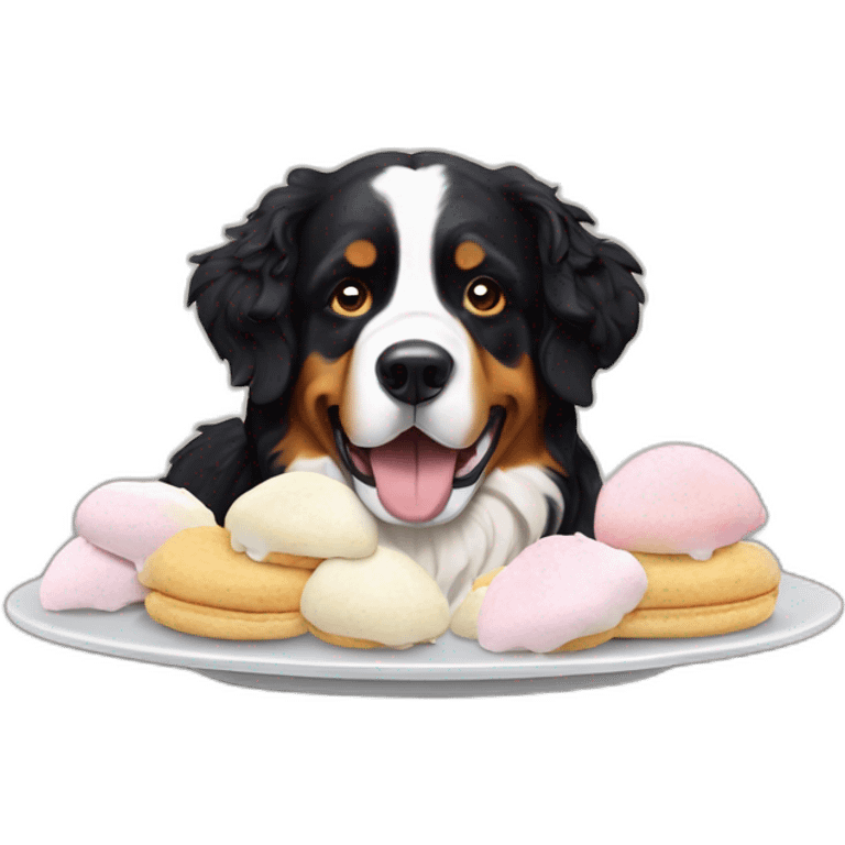 Bernese mountain dog eating meringues and double cream emoji