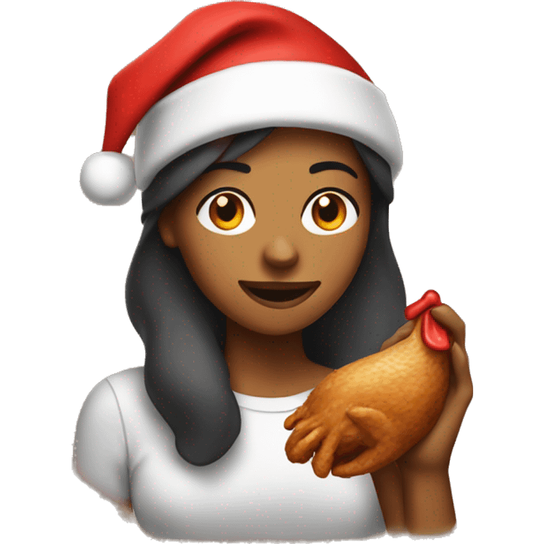 Brown skin woman wearing a Santa hat eating a chicken leg emoji