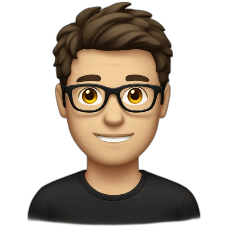 a slim white man with a straight-faced chin with messy short dark brown hair, with a black t-shirt, black rectangular glasses emoji