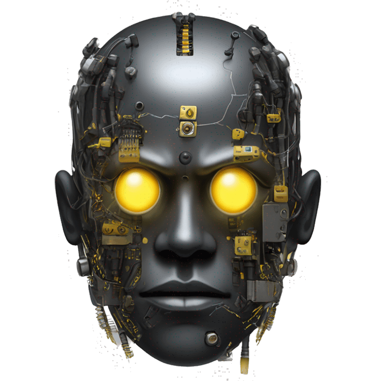 black metal cyborg head with circuitry, one artificial eyeball, and yellow Mohawk goatee emoji