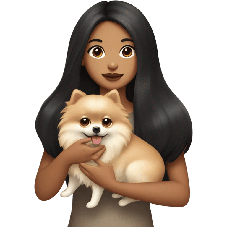 A girl with long black hair, light brown eyes, big lips, fair skin, holding a light pomeranian in her hands emoji