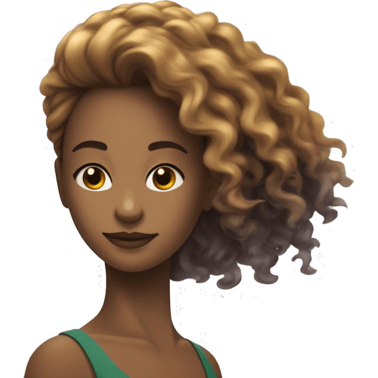 Uma mulher de cabelo loiro, olho cor de mel ,pele branca e vestindo uma armadura que tem um decote em formato de V e uma arma emoji