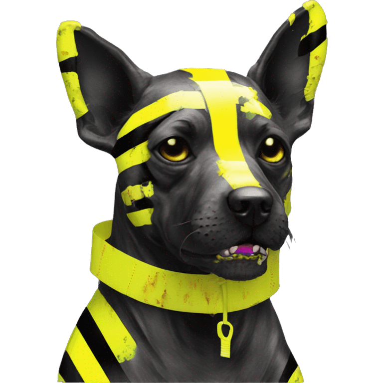 .Zombie_ Vaporwave black holographic oilslick zombie dog yellow caution tape graffiti yellow black stripes emoji