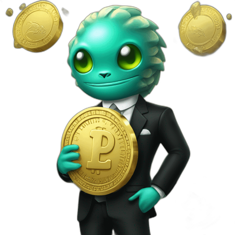 Aquamarine reptiloid in black suite with laser eyes on the golden coin in background emoji