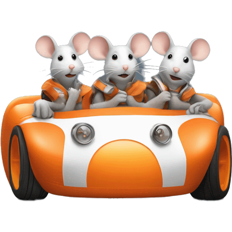 Three mice sitting in a carrot race car with helmut emoji