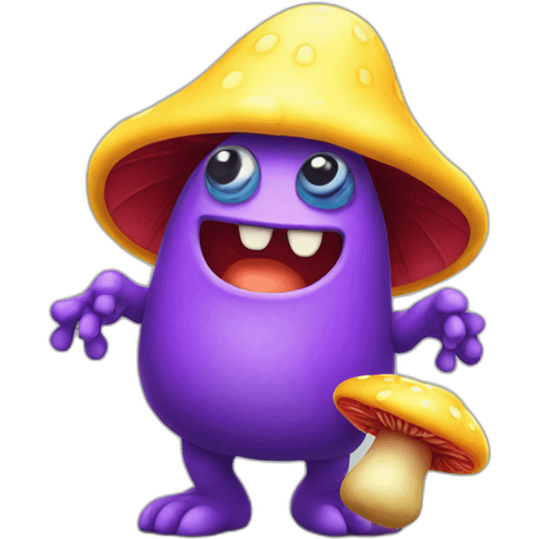 Purple monster with a yellow had and in his hand a mushroom emoji