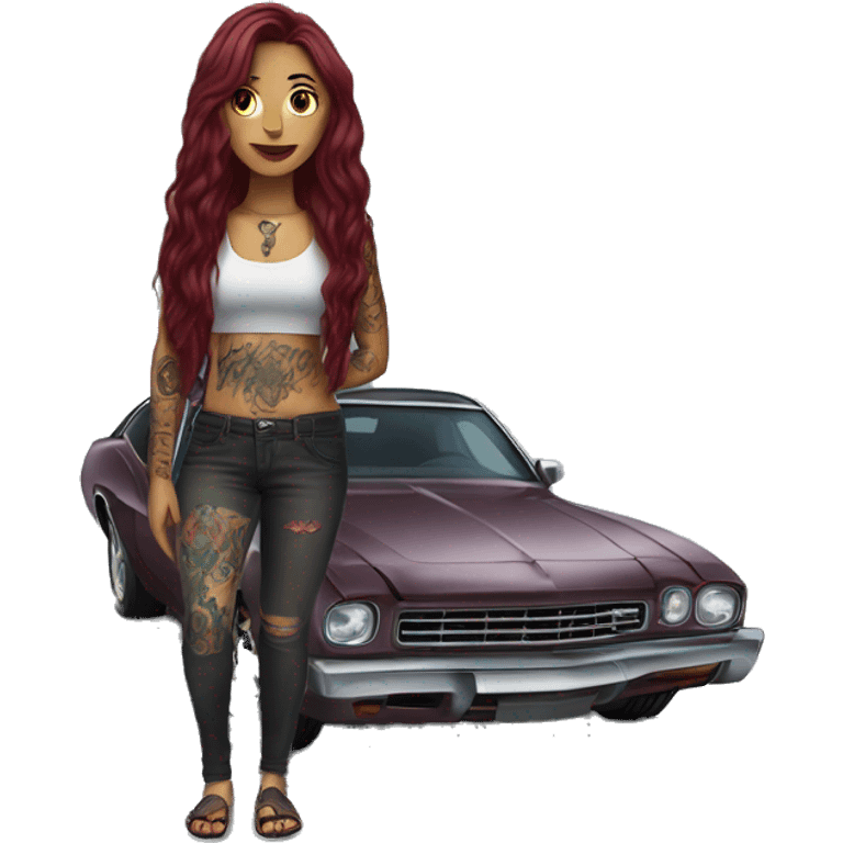 Beautiful tattooed burgundy long haired woman standing next to a car emoji