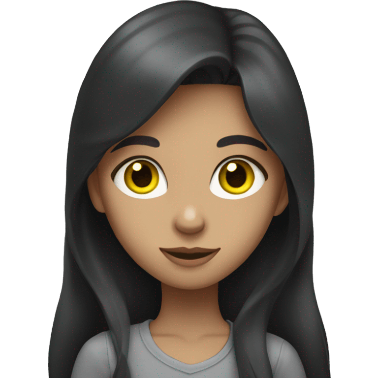 A girl with long dark hair. She has green eyes and a gray cat with yellow eyes on her hands emoji