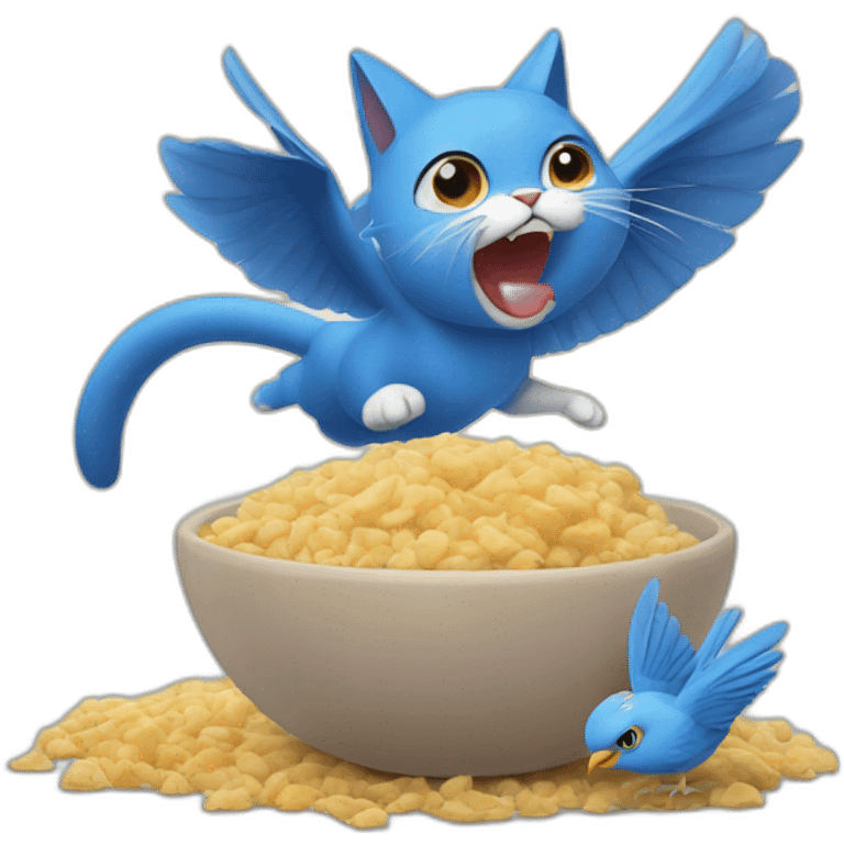 cat who is eating Tchoupi and is attacked by a blue bird emoji