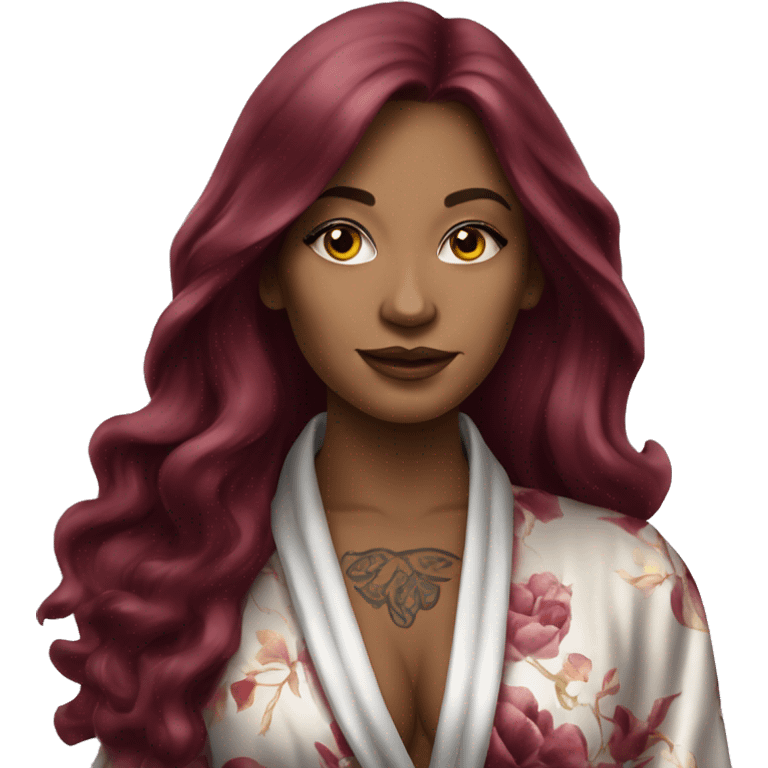 Beautiful tattooed burgundy long haired woman in silk robe emoji