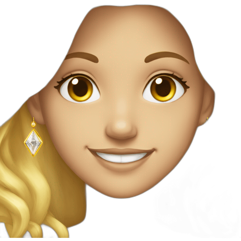 blonde, brown eyes, smiling, yellow diamond earrings, long hair, shown halfbody emoji