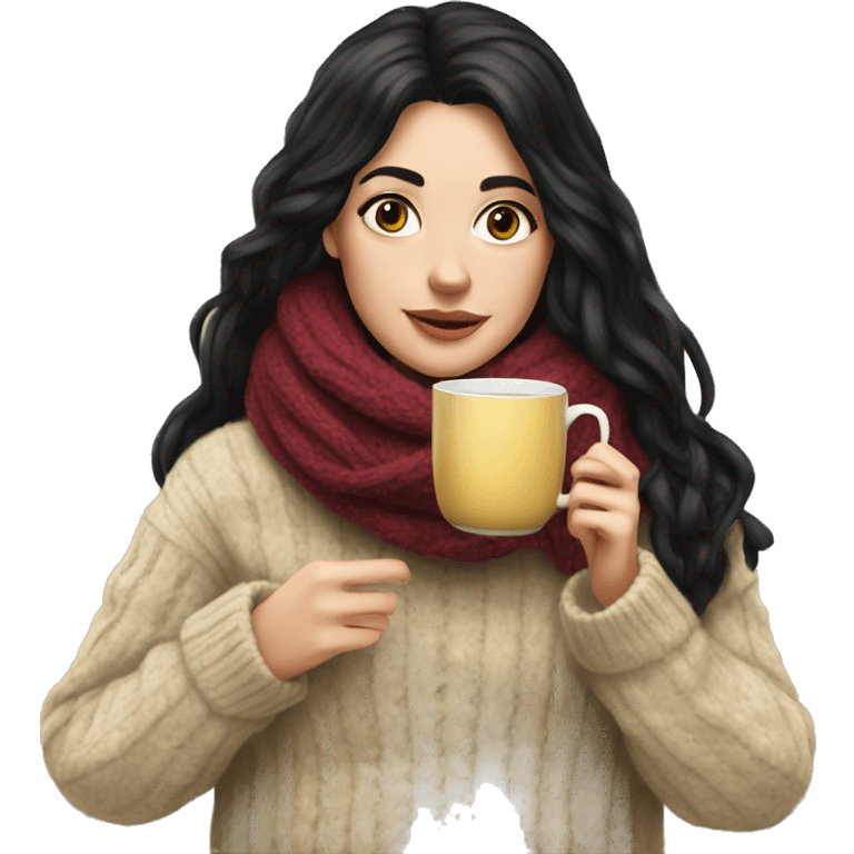 White girl black hair in a sweater and scarf sipping tea  emoji