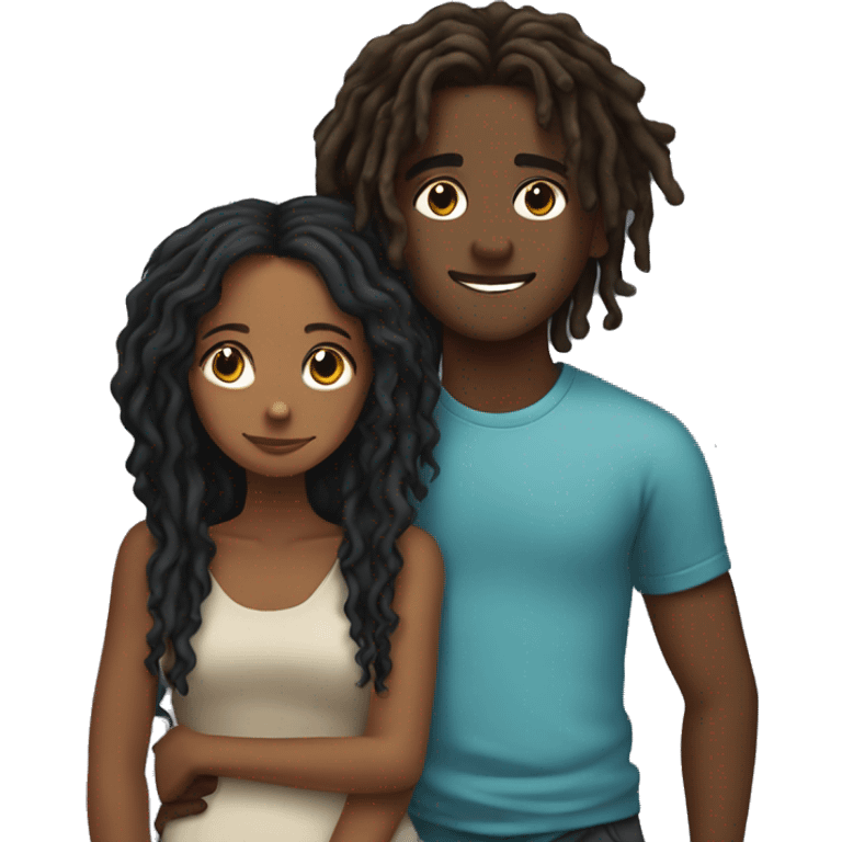 Brown girl with wavy hair hugging black boy who has dreads  emoji