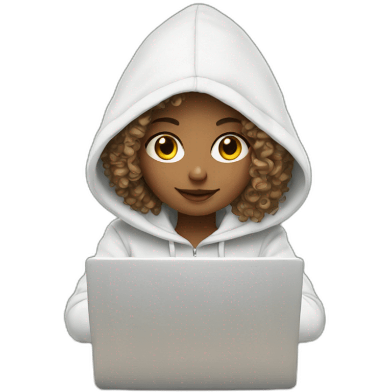 a white tenage curly girl wearing a hoodie working on a laptop emoji