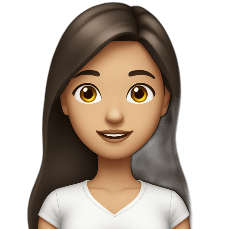 A girl with long dark brown hair, wearing a white shir, with brown eyes and slightly tanned emoji