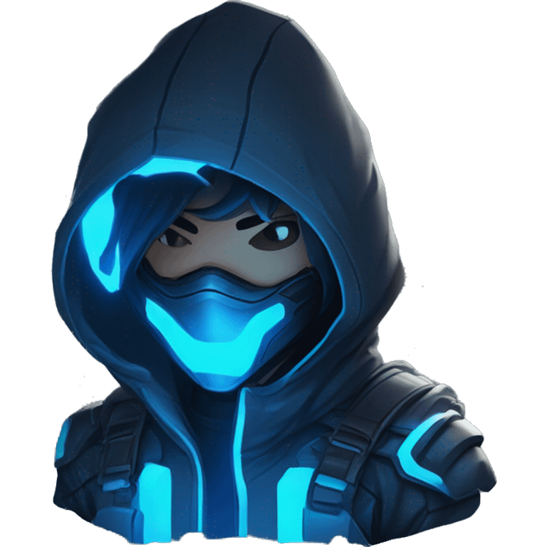 developer behind his laptop with this style : crysis Cyberpunk Riot Games Valorant neon glowing bright blue character blue black hooded assassin themed character emoji