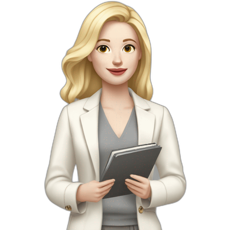 pale skin woman with blonde Straightened Hair to shoulders, White classical jacket, Gray Palazzo pants holding a color palette in the hands emoji