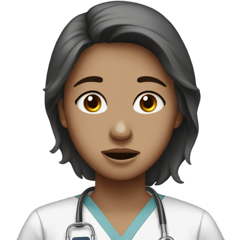 Brunette girl crying while working in hospital in gray scrubs emoji